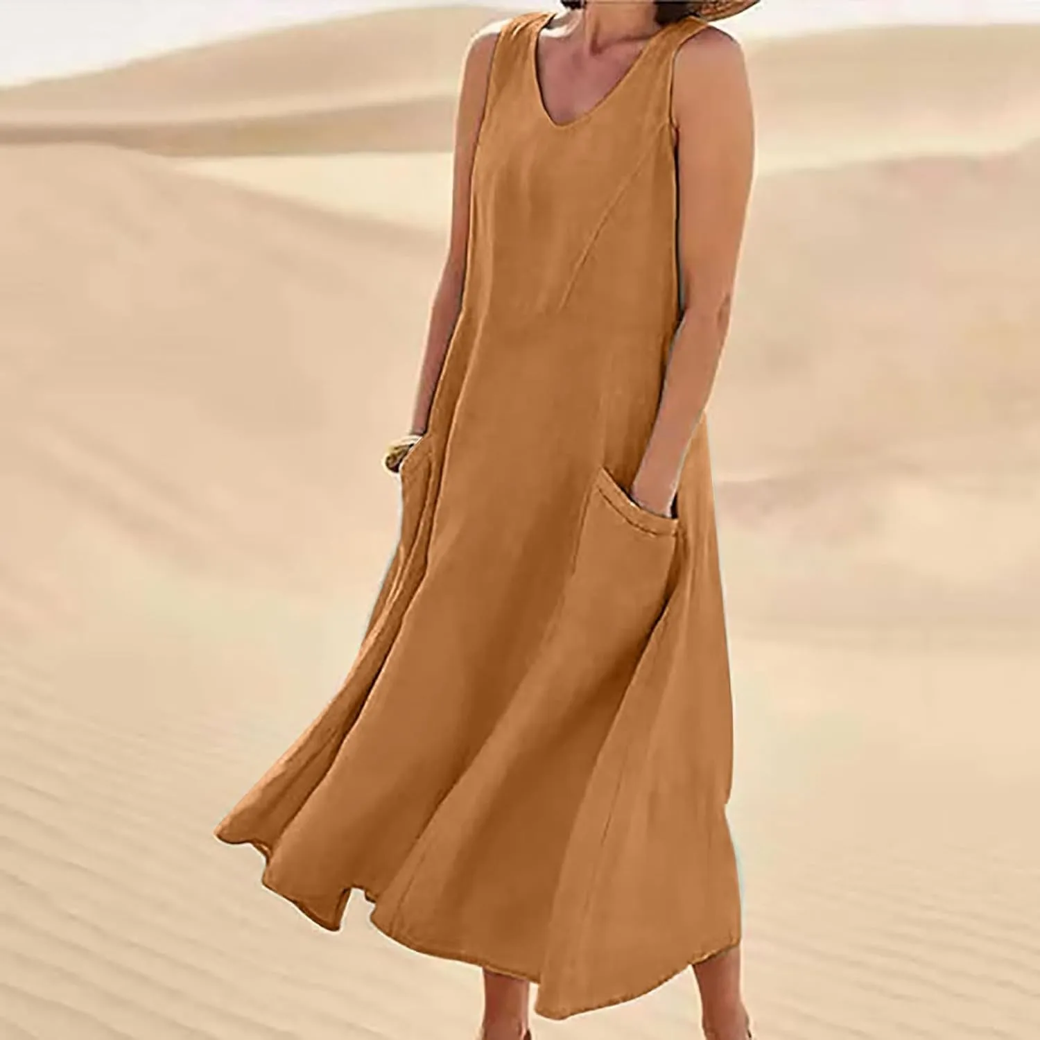 Women's Summer Casual Loose Sundresd Women's Summer Casual Sleeveless Long Maxi Beach Dress Cotton Linen Summer