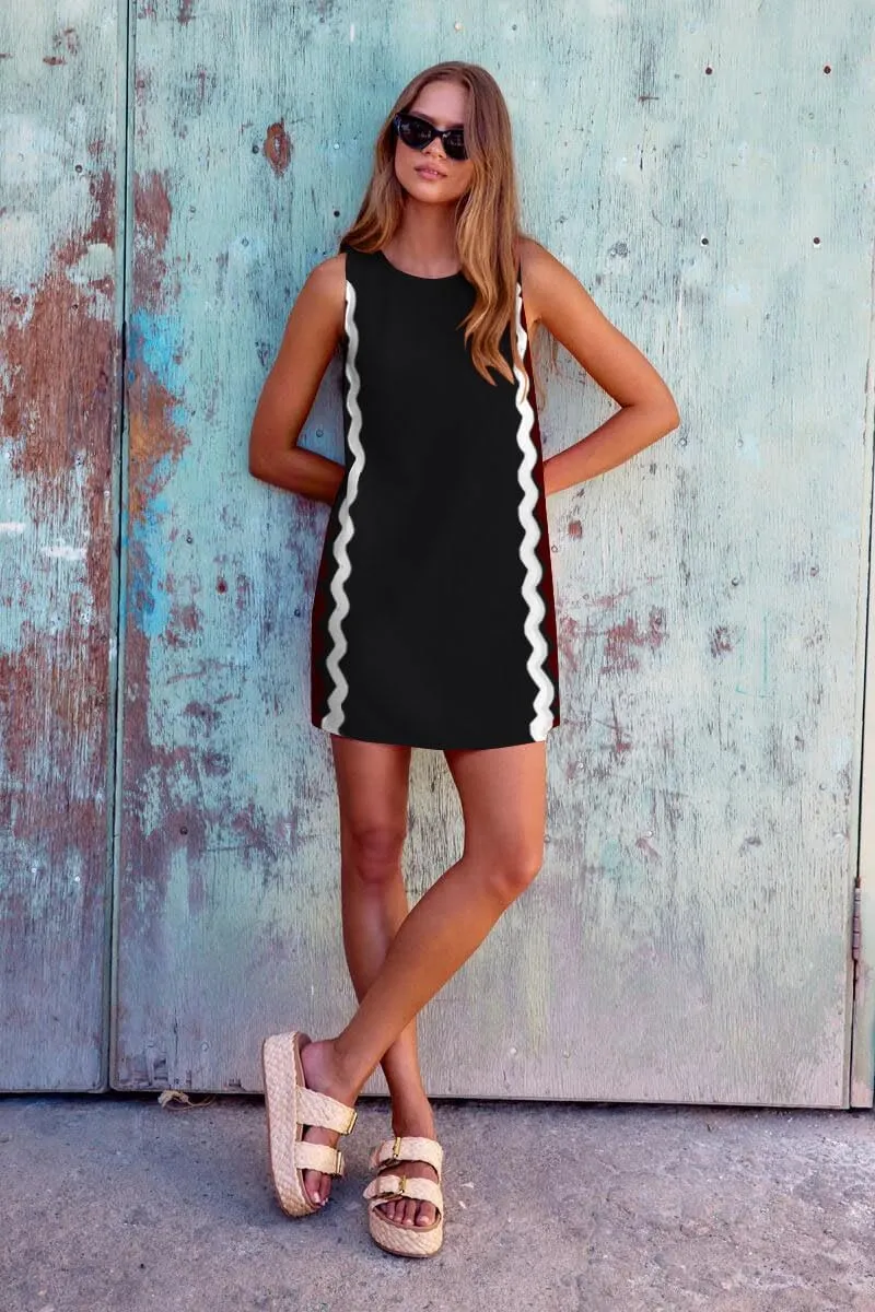Women's Summer Casual Sleeveless Tank Dress Loose RIC Rac Crew Neck Boho Beach Mini Sundress with Pockets