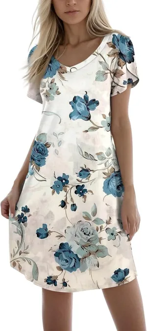 Women's Summer Dress Casual V Neck Short Sleeve Flowy Beach Loose Floral Tshirt Mini Dresses Casual, S-3XL