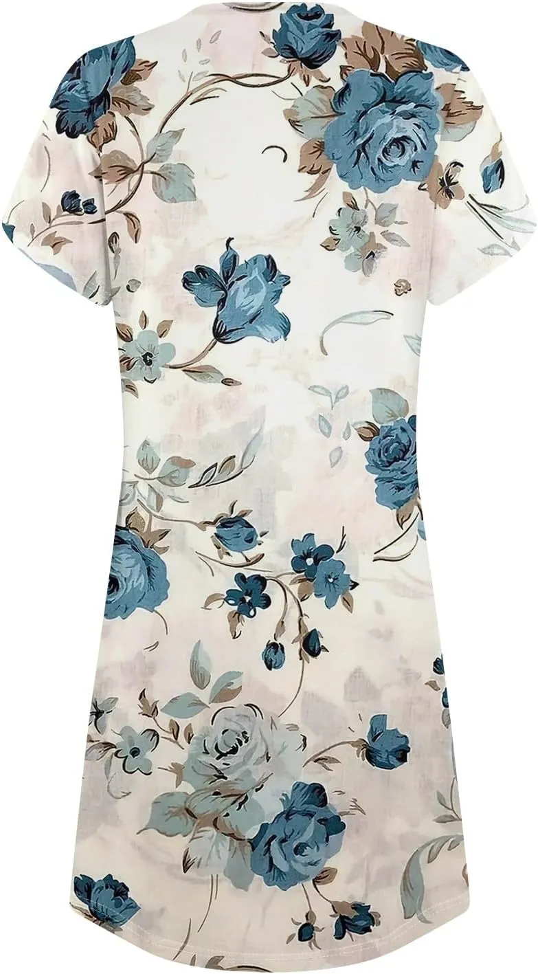 Women's Summer Dress Casual V Neck Short Sleeve Flowy Beach Loose Floral Tshirt Mini Dresses Casual, S-3XL