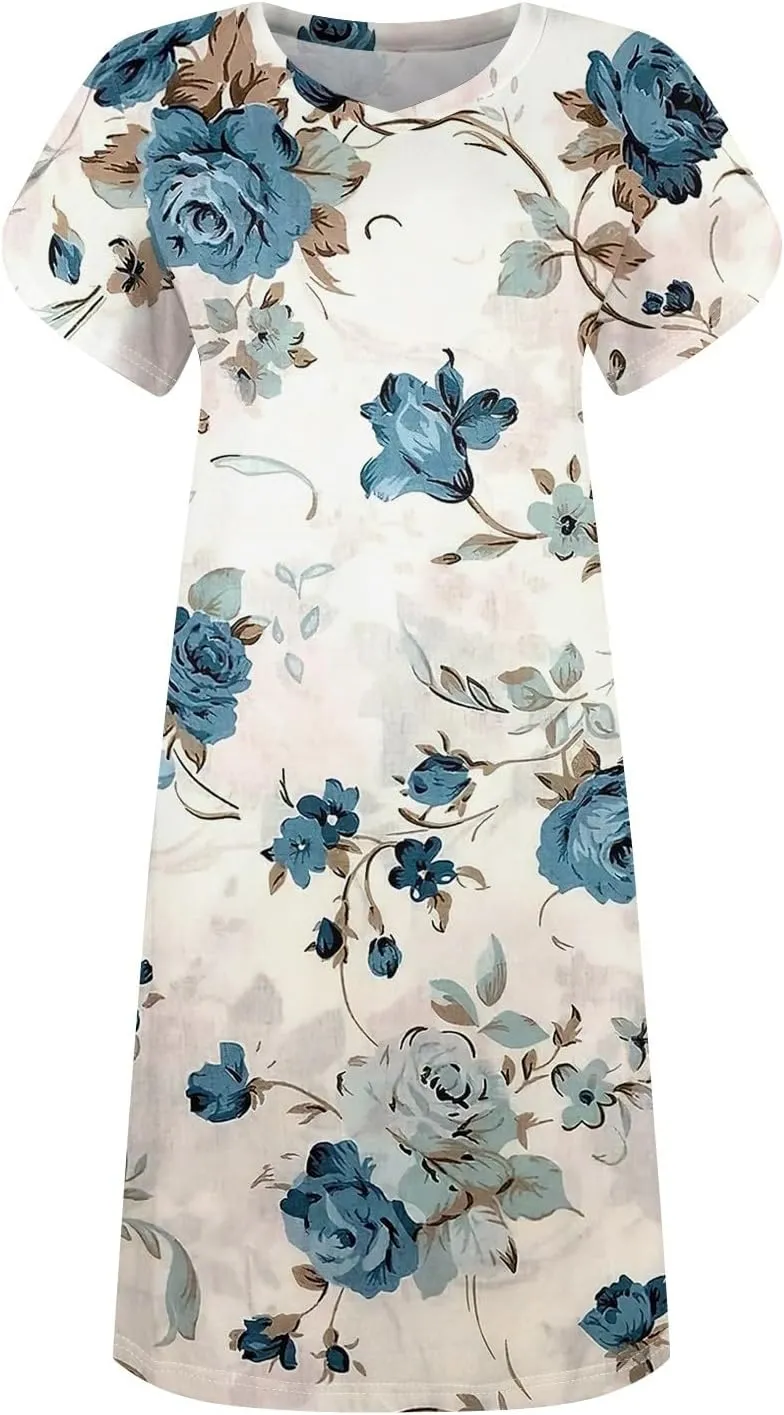 Women's Summer Dress Casual V Neck Short Sleeve Flowy Beach Loose Floral Tshirt Mini Dresses Casual, S-3XL