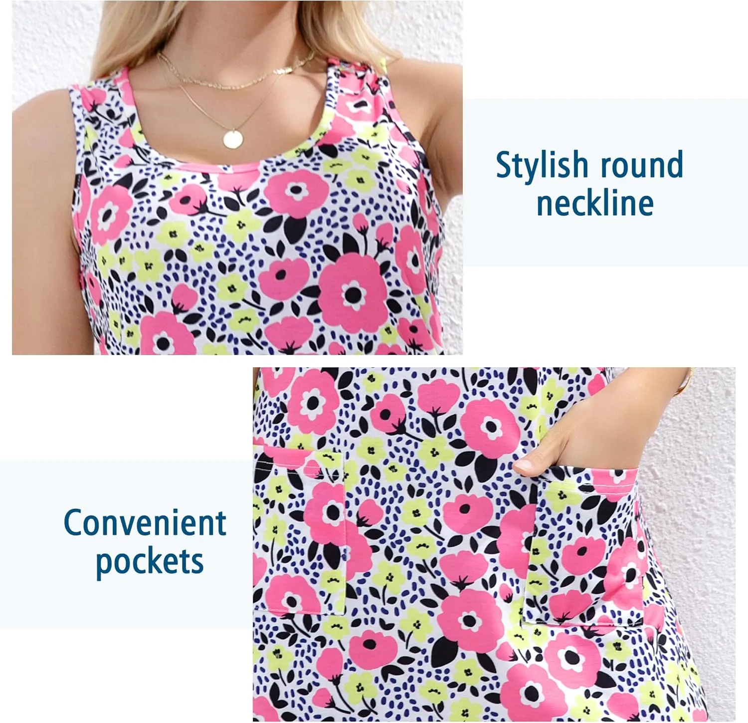 Women's Summer Dresses 2025 Casual Sleeveless Boho Beach Dress Scoop Neck T-Shirt Floral Sundress with Pocket