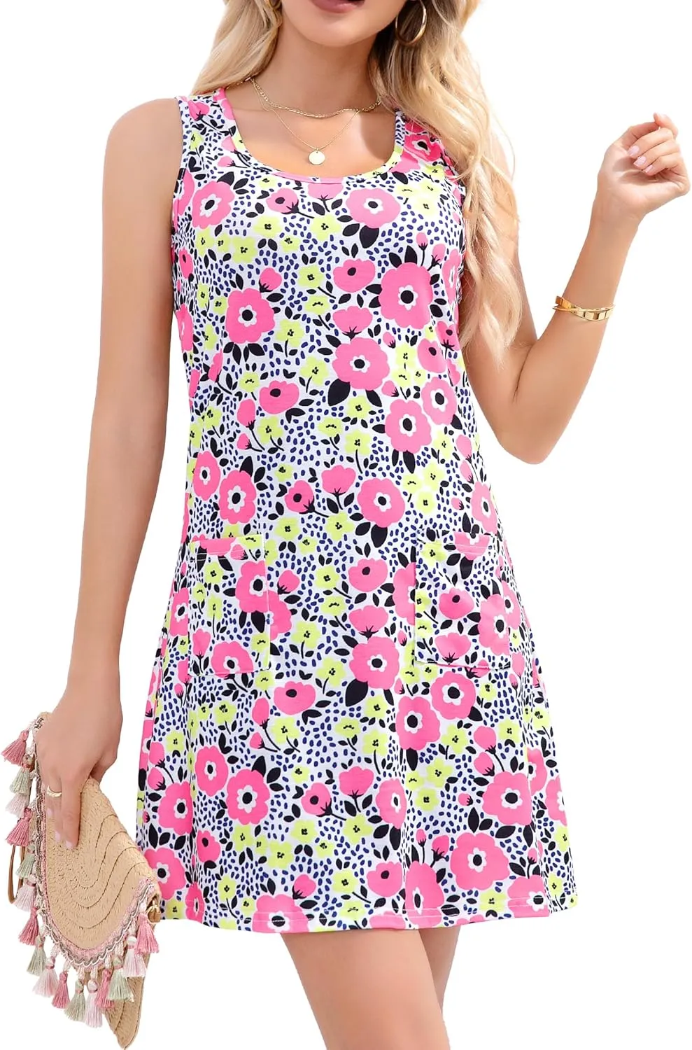 Women's Summer Dresses 2025 Casual Sleeveless Boho Beach Dress Scoop Neck T-Shirt Floral Sundress with Pocket