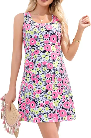Women's Summer Dresses 2025 Casual Sleeveless Boho Beach Dress Scoop Neck T-Shirt Floral Sundress with Pocket