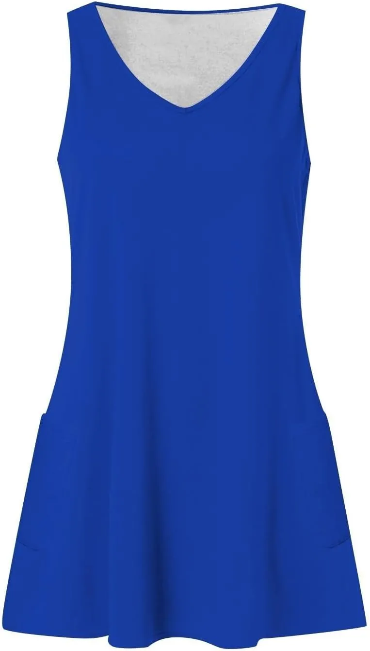 Womens Summer Dresses 2025 Loose V Neck Sleeveless Sundresses Swimsuit Coverup with Pockets Floral/Plain/Eyelet