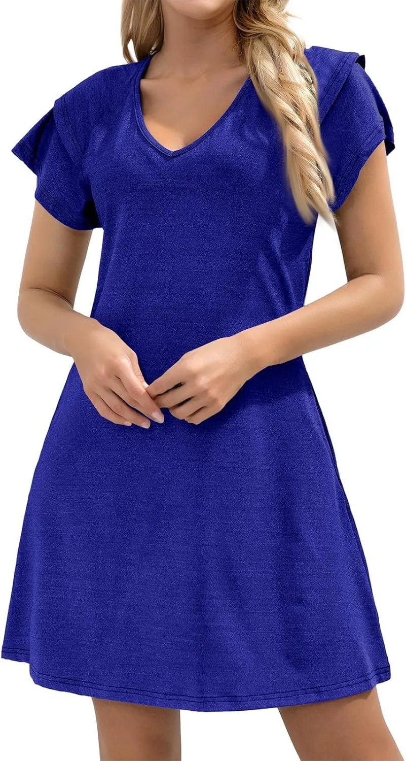 Women's Summer Dresses 2025 Ruffle Sleeve V Neck A Line Fit Sundresses Casual Beach Vacation Mini Skirt with Pockets