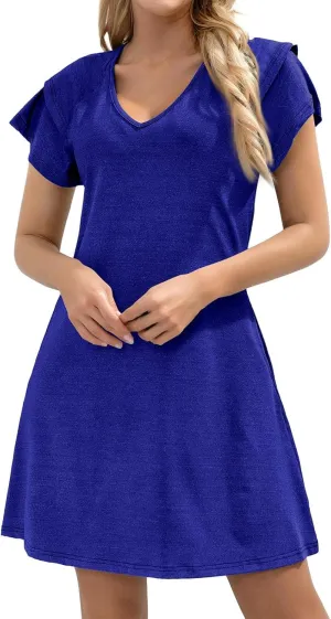 Women's Summer Dresses 2025 Ruffle Sleeve V Neck A Line Fit Sundresses Casual Beach Vacation Mini Skirt with Pockets