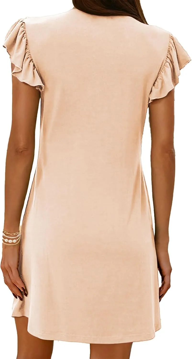 Womens Summer Dresses Casual Deep V Neck Loose Sundress Fashion Ruffle Sleeve Mini Dress Travel Vacation Dresses 2025