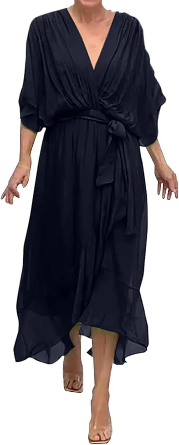 Women's Summer Dresses Casual Long Lantern Sleeve V Neck Ruffle High Waist Tie Waist Plus Size Dress for Women Casual