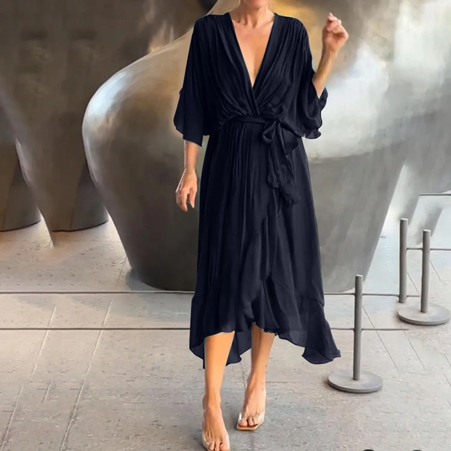 Women's Summer Dresses Casual Long Lantern Sleeve V Neck Ruffle High Waist Tie Waist Plus Size Dress for Women Casual