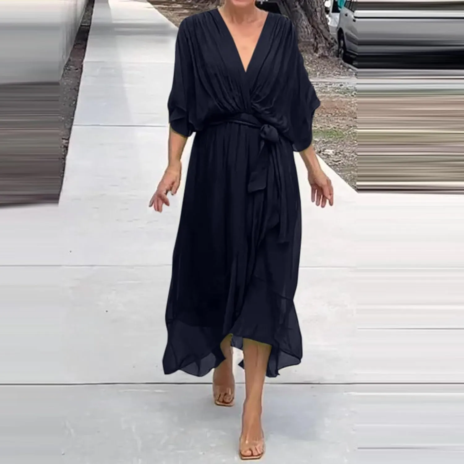 Women's Summer Dresses Casual Long Lantern Sleeve V Neck Ruffle High Waist Tie Waist Plus Size Dress for Women Casual