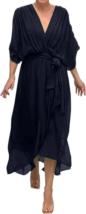 Women's Summer Dresses Casual Long Lantern Sleeve V Neck Ruffle High Waist Tie Waist Plus Size Dress for Women Casual
