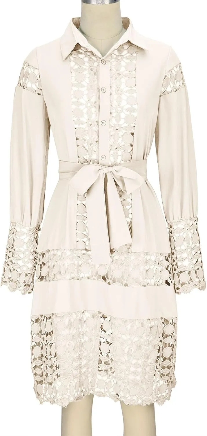 Women's Summer Dresses Long Sleeve Lapel Button Down Belted Mini Dress Plus Size Lace Patchwork Hollow Out Dresses