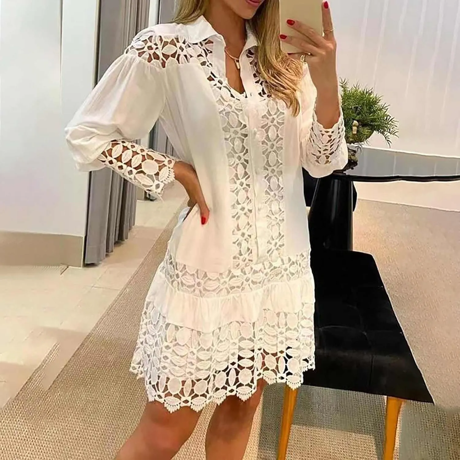 Women's Summer Dresses Long Sleeve Lapel Button Down Belted Mini Dress Plus Size Lace Patchwork Hollow Out Dresses