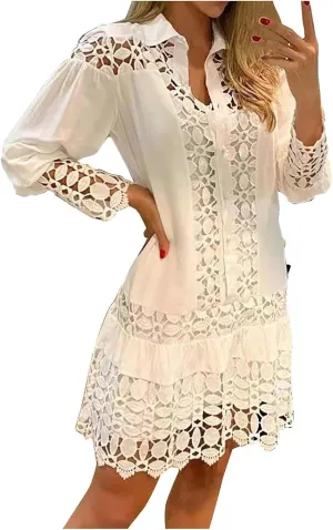 Women's Summer Dresses Long Sleeve Lapel Button Down Belted Mini Dress Plus Size Lace Patchwork Hollow Out Dresses