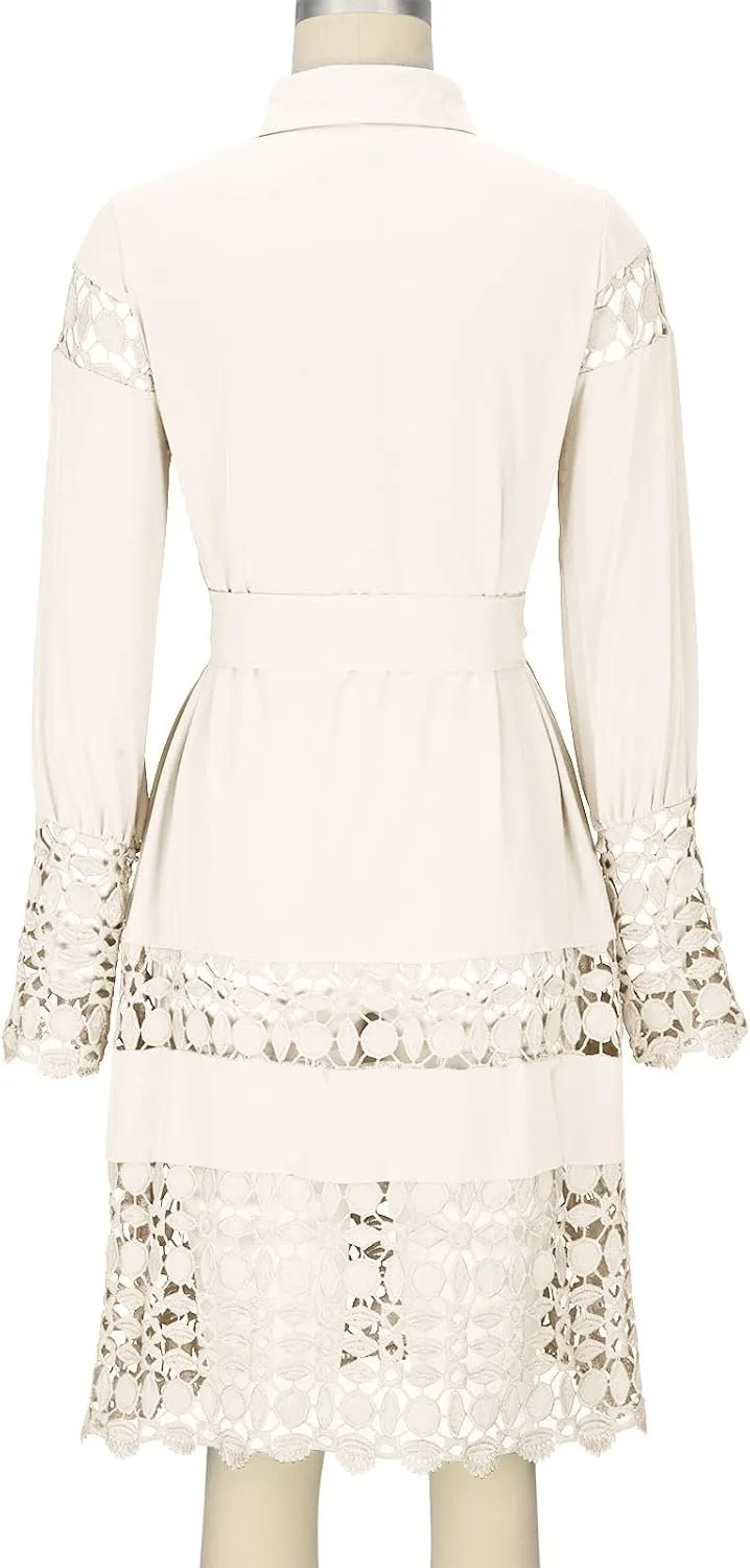 Women's Summer Dresses Long Sleeve Lapel Button Down Belted Mini Dress Plus Size Lace Patchwork Hollow Out Dresses