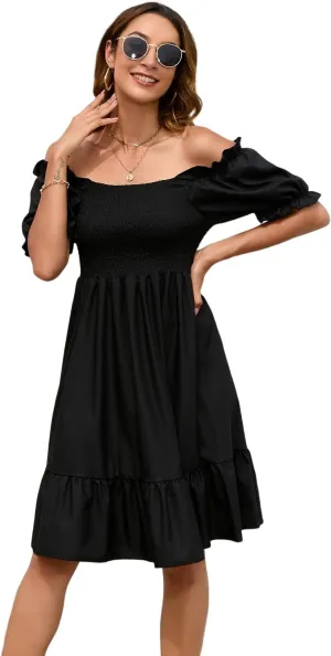 Women's Summer Dresses Square Neck Long Puff Sleeve Flowy A Line Casual Shirred Ruffle Mini Dresses