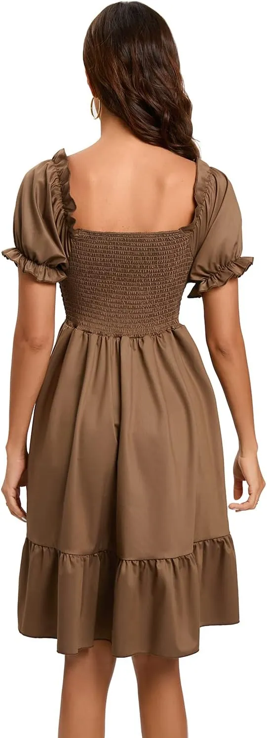 Women's Summer Dresses Square Neck Long Puff Sleeve Flowy A Line Casual Shirred Ruffle Mini Dresses