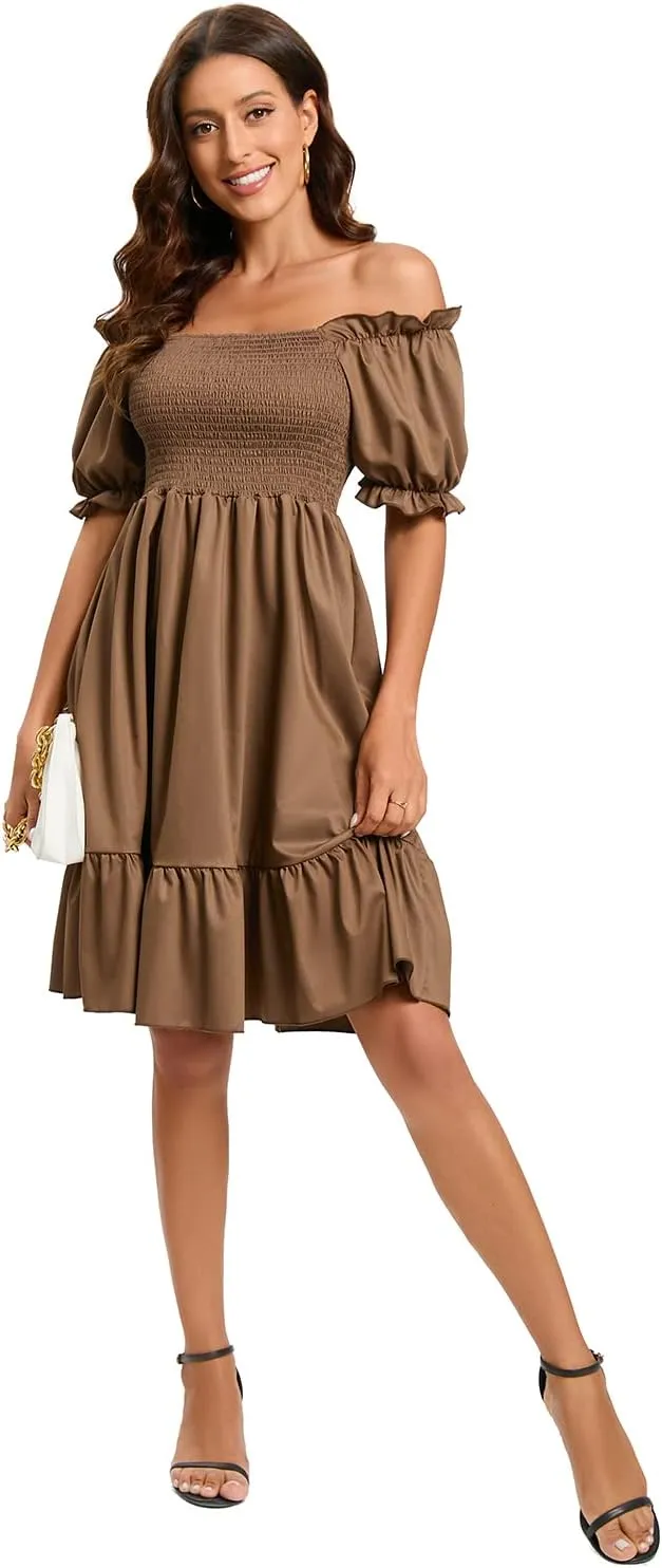 Women's Summer Dresses Square Neck Long Puff Sleeve Flowy A Line Casual Shirred Ruffle Mini Dresses