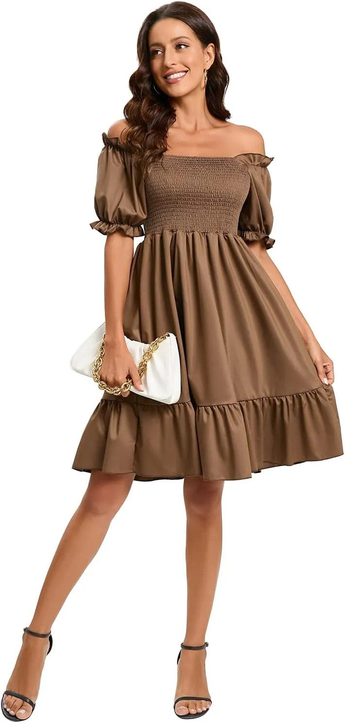 Women's Summer Dresses Square Neck Long Puff Sleeve Flowy A Line Casual Shirred Ruffle Mini Dresses