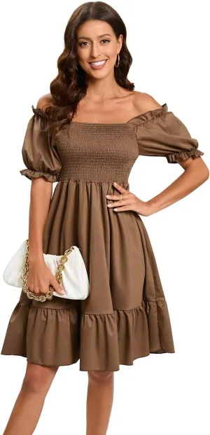 Women's Summer Dresses Square Neck Long Puff Sleeve Flowy A Line Casual Shirred Ruffle Mini Dresses