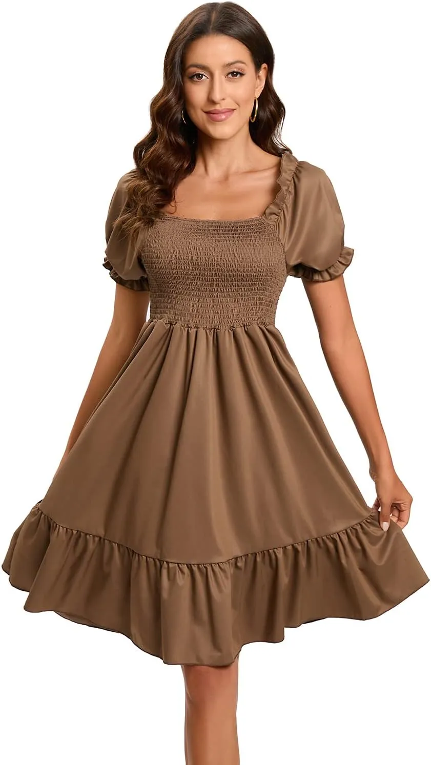 Women's Summer Dresses Square Neck Long Puff Sleeve Flowy A Line Casual Shirred Ruffle Mini Dresses