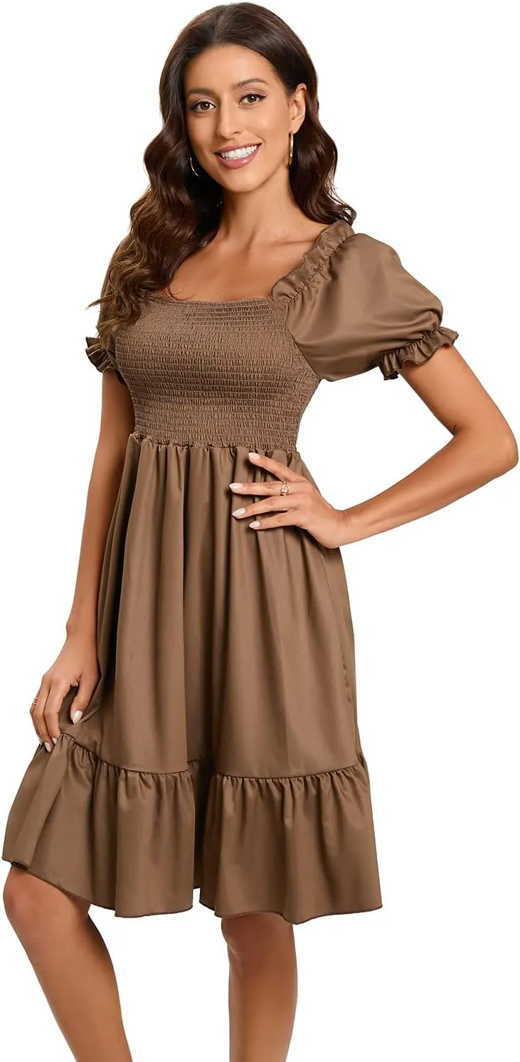 Women's Summer Dresses Square Neck Long Puff Sleeve Flowy A Line Casual Shirred Ruffle Mini Dresses