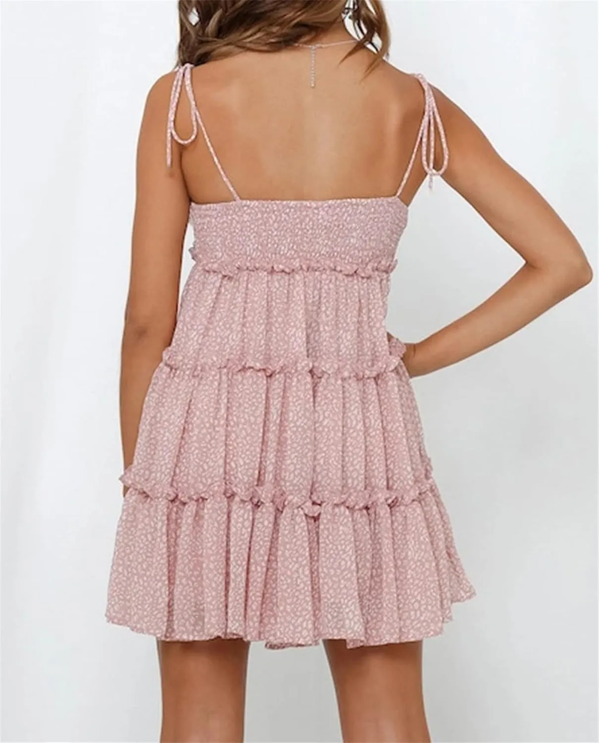 Women's Summer Floral Mini Dress Casual Boho Flowy Skater Dresses Short Sleeveless Ruffle Spaghetti Strap Dress 2024