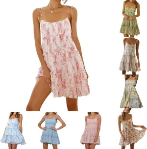 Women's Summer Floral Mini Dress Casual Boho Flowy Skater Dresses Short Sleeveless Ruffle Spaghetti Strap Dress 2024