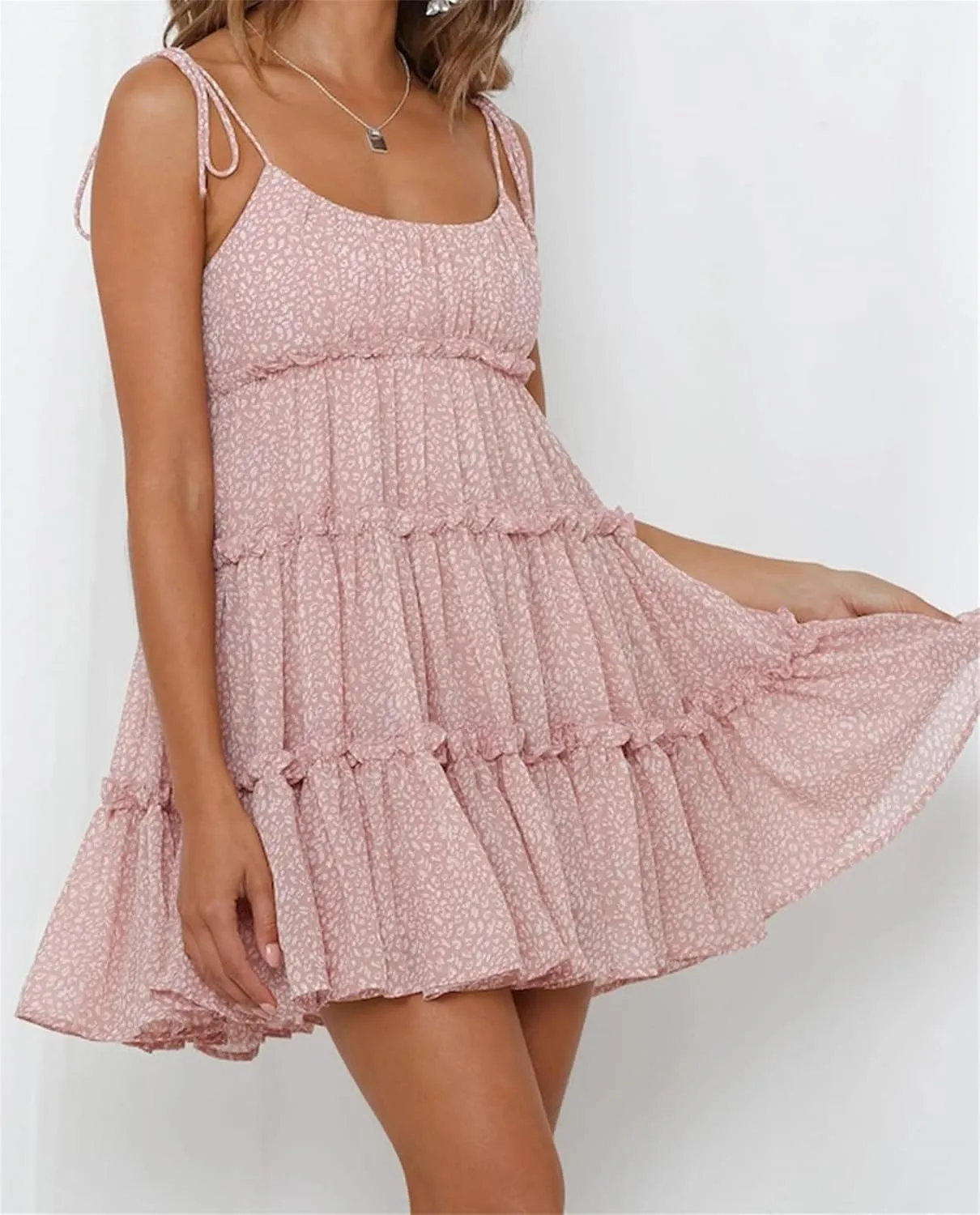 Women's Summer Floral Mini Dress Casual Boho Flowy Skater Dresses Short Sleeveless Ruffle Spaghetti Strap Dress 2024