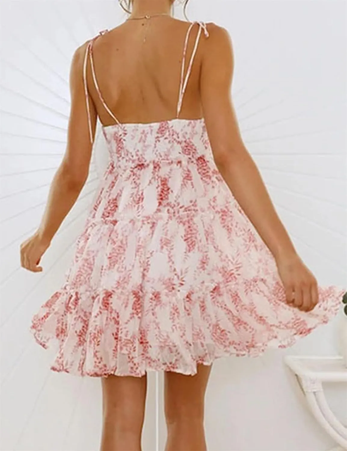 Women's Summer Floral Mini Dress Casual Boho Flowy Skater Dresses Short Sleeveless Ruffle Spaghetti Strap Dress 2024