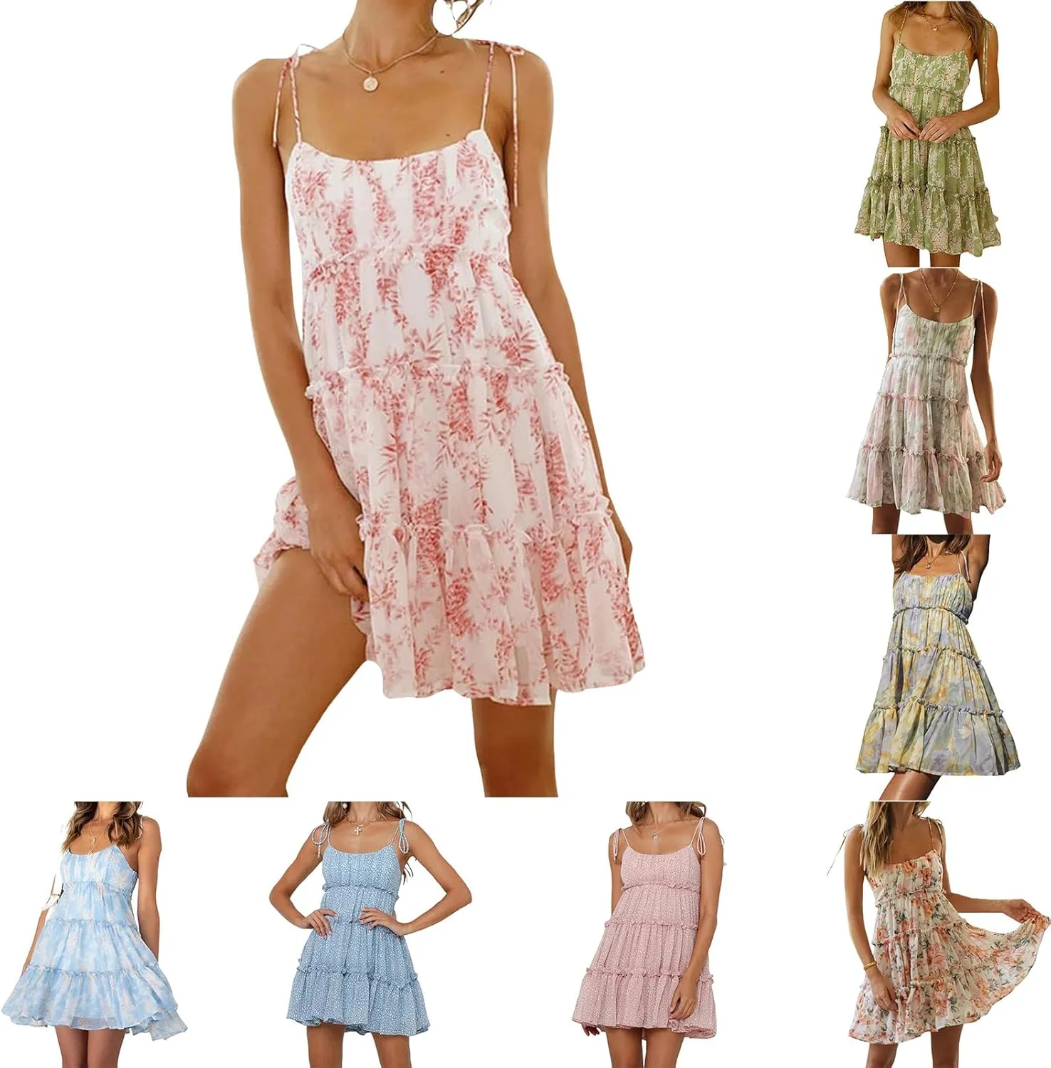 Women's Summer Floral Mini Dress Casual Boho Flowy Skater Dresses Short Sleeveless Ruffle Spaghetti Strap Dress 2024