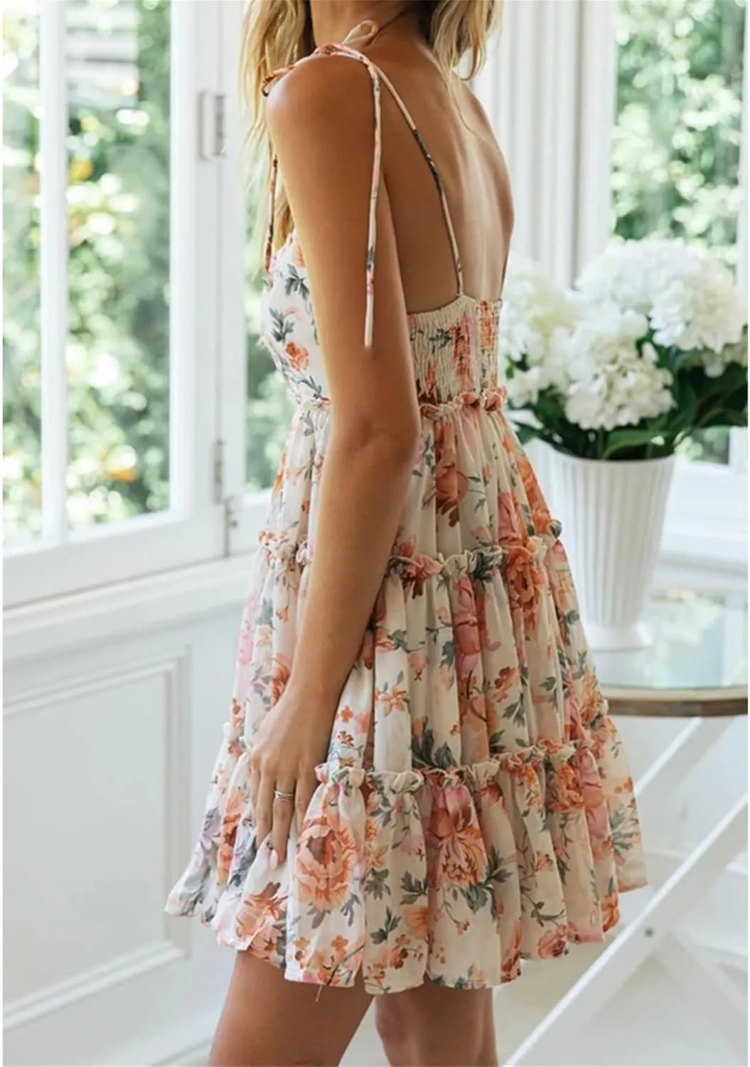 Women's Summer Floral Mini Dress Casual Boho Flowy Skater Dresses Short Sleeveless Ruffle Spaghetti Strap Dress 2024