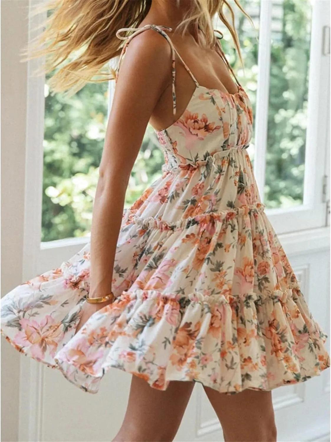 Women's Summer Floral Mini Dress Casual Boho Flowy Skater Dresses Short Sleeveless Ruffle Spaghetti Strap Dress 2024
