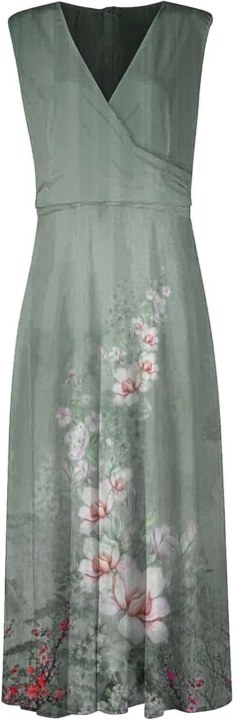 WomenS Summer Loose Boho Flowy Wrap V Neck Sleeveless Floral Print Slit Beach Wedding Guest Long Maxi Dresses
