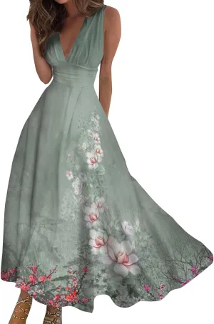 WomenS Summer Loose Boho Flowy Wrap V Neck Sleeveless Floral Print Slit Beach Wedding Guest Long Maxi Dresses