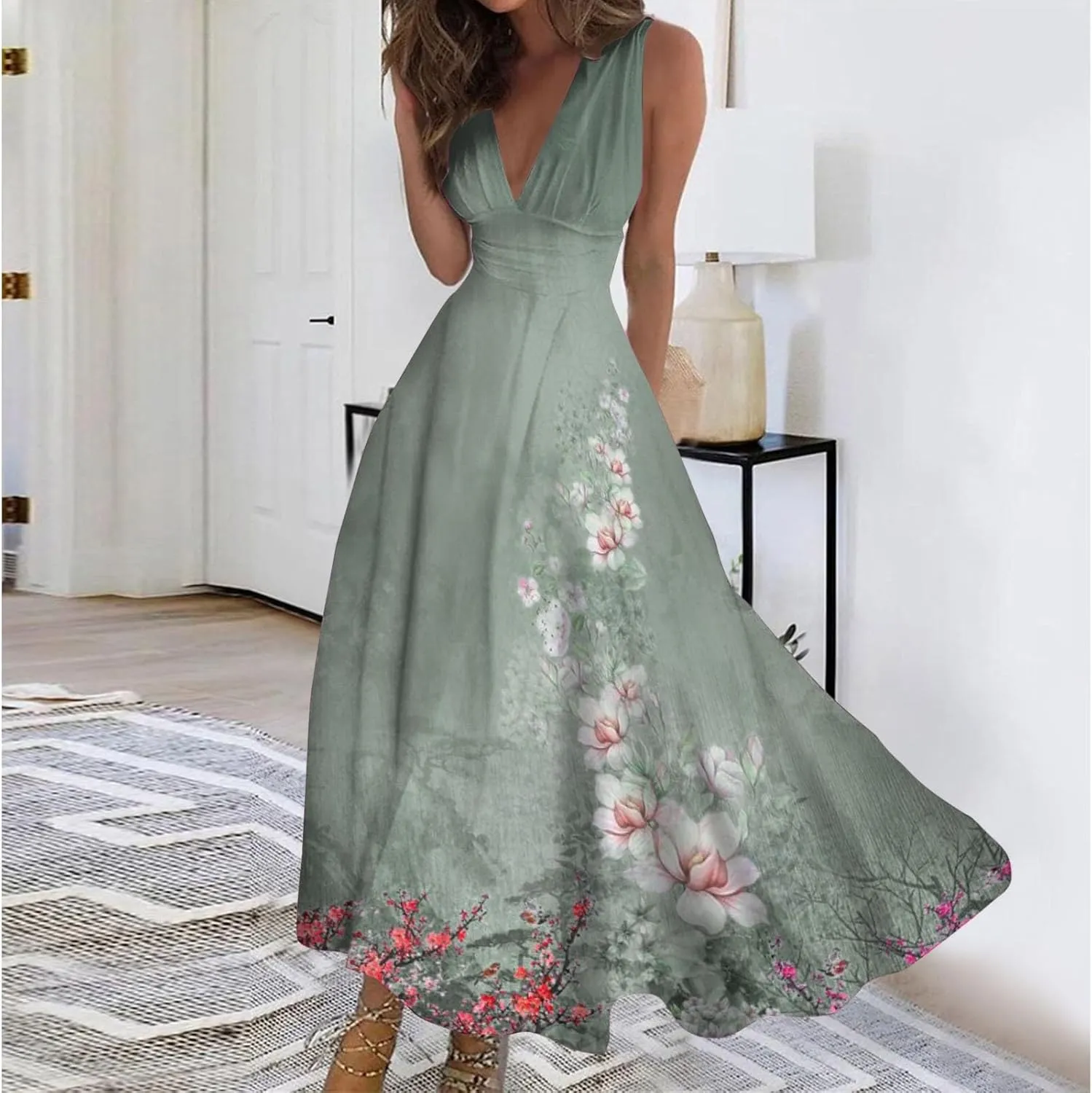 WomenS Summer Loose Boho Flowy Wrap V Neck Sleeveless Floral Print Slit Beach Wedding Guest Long Maxi Dresses