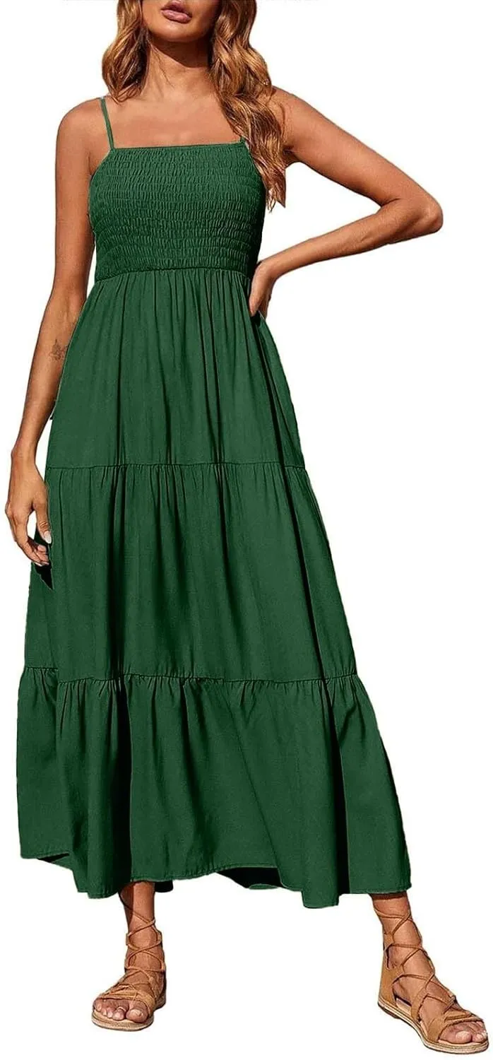 Women's Summer Maxi Dress 2025 Casual Boho Beach Long Dresses Sleeveless Spaghetti Strap Smocked Tiered Sundresses