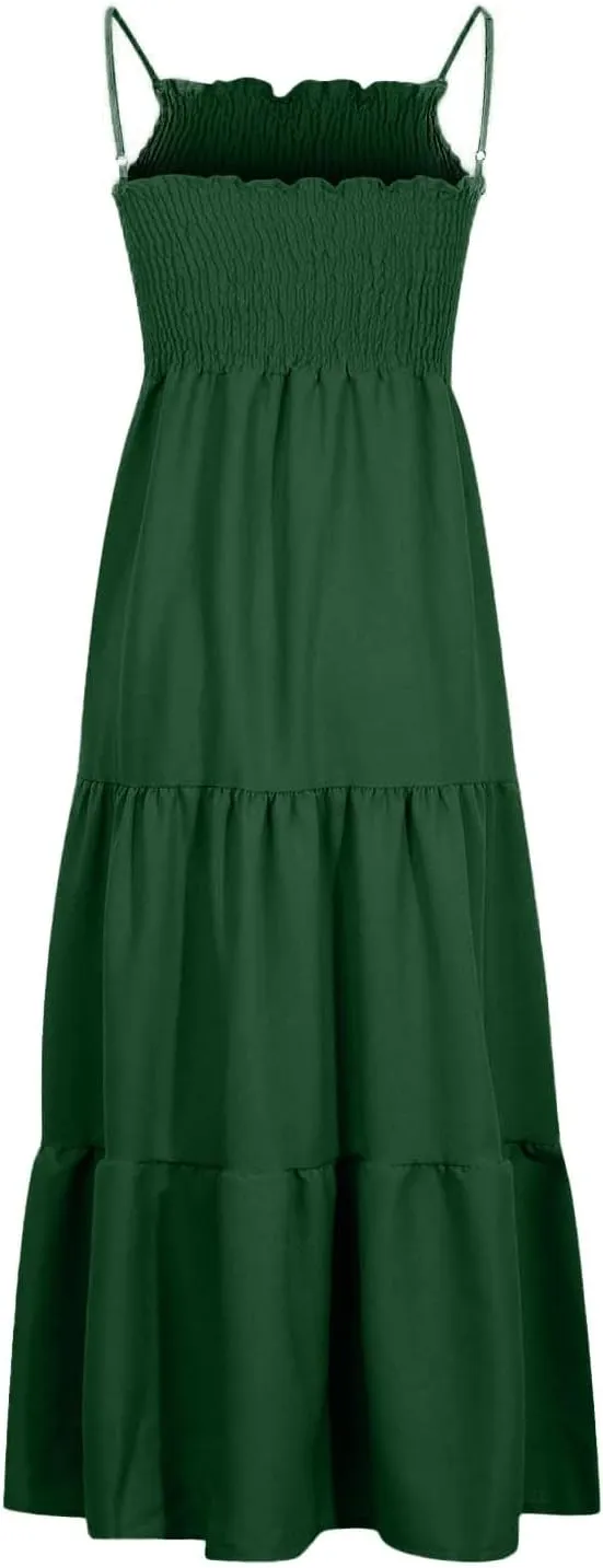 Women's Summer Maxi Dress 2025 Casual Boho Beach Long Dresses Sleeveless Spaghetti Strap Smocked Tiered Sundresses