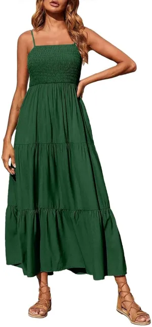 Women's Summer Maxi Dress 2025 Casual Boho Beach Long Dresses Sleeveless Spaghetti Strap Smocked Tiered Sundresses