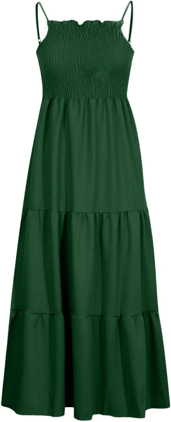 Women's Summer Maxi Dress 2025 Casual Boho Beach Long Dresses Sleeveless Spaghetti Strap Smocked Tiered Sundresses