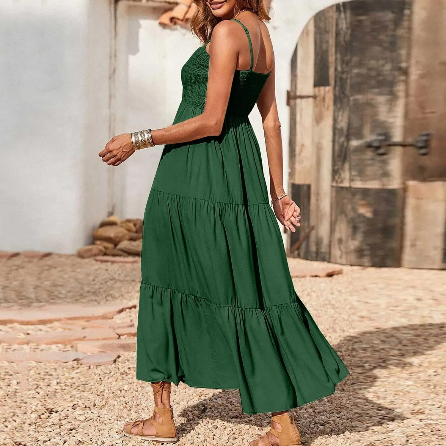 Women's Summer Maxi Dress 2025 Casual Boho Beach Long Dresses Sleeveless Spaghetti Strap Smocked Tiered Sundresses