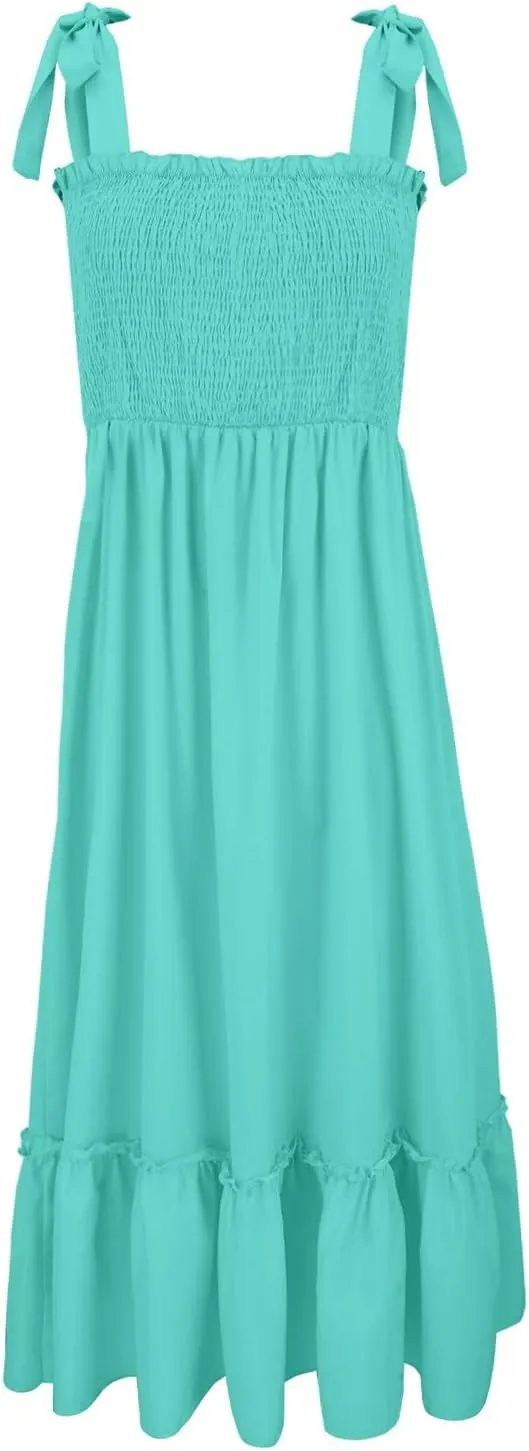 Women's Summer Maxi Dress Boho Spaghetti Straps Casual Long A-line Smocked Beach Square Neck Flowy Sundress