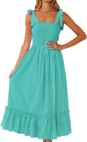 Women's Summer Maxi Dress Boho Spaghetti Straps Casual Long A-line Smocked Beach Square Neck Flowy Sundress