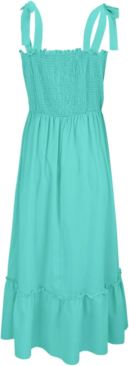 Women's Summer Maxi Dress Boho Spaghetti Straps Casual Long A-line Smocked Beach Square Neck Flowy Sundress
