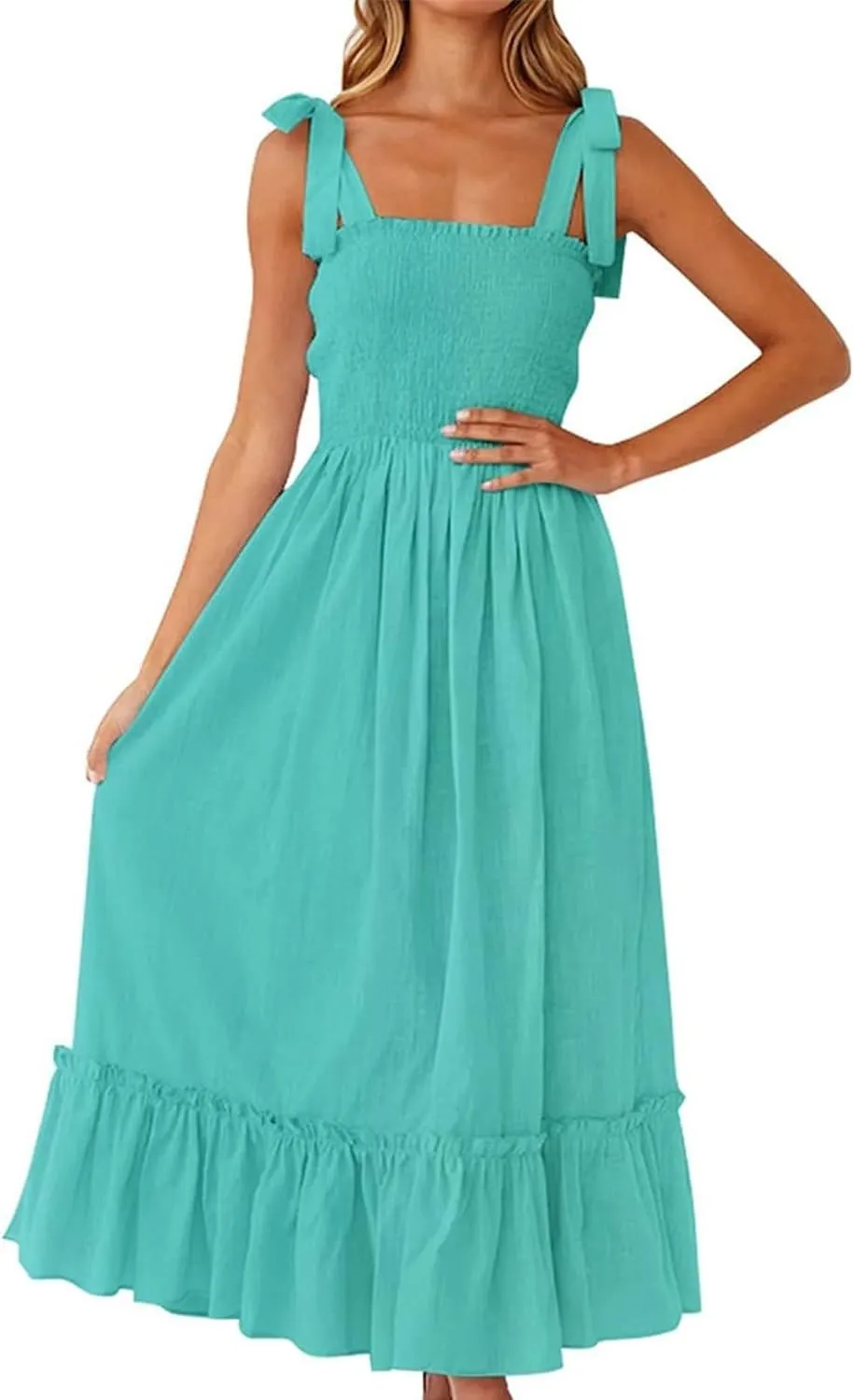 Women's Summer Maxi Dress Boho Spaghetti Straps Casual Long A-line Smocked Beach Square Neck Flowy Sundress