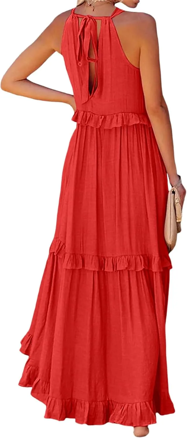 Women's Summer Maxi Dress Casual Boho Sleeveless Spaghetti Strap Smocked Tiered Long Beach Sexly Loose Sun Dresses