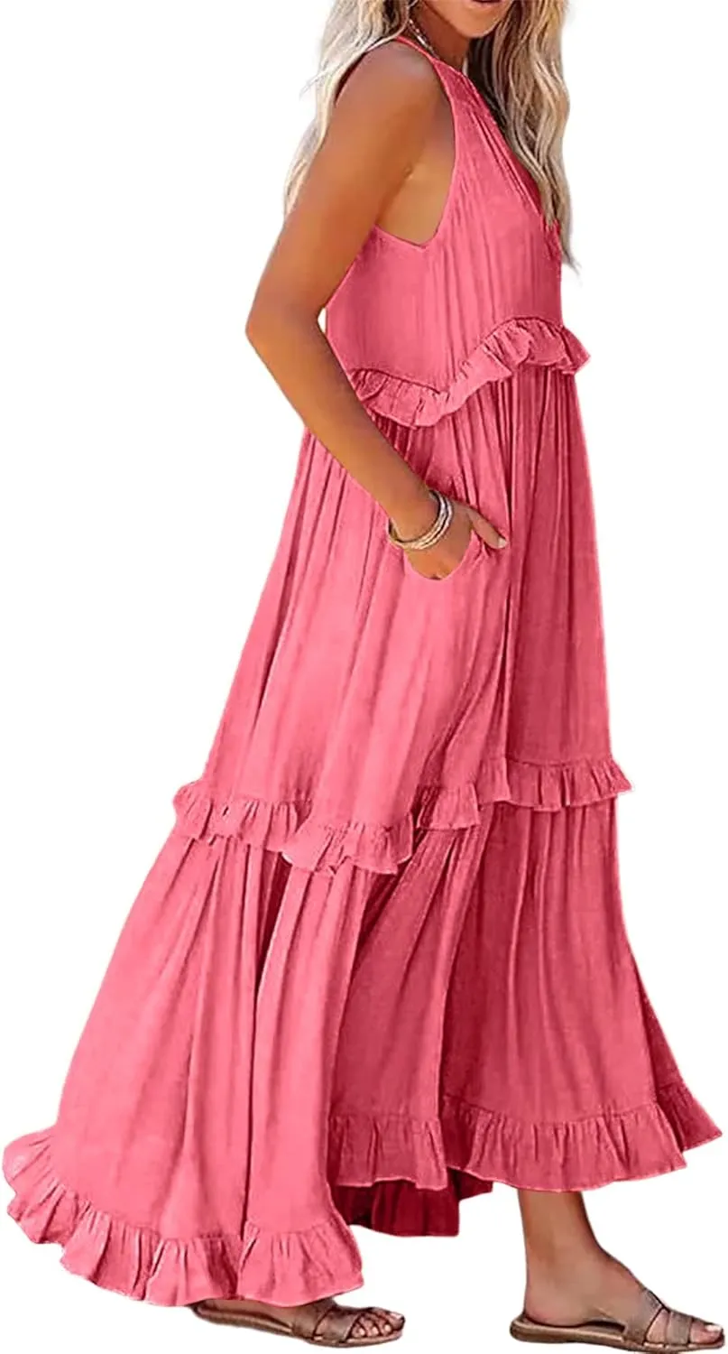 Women's Summer Maxi Dress Casual Boho Sleeveless Spaghetti Strap Smocked Tiered Long Beach Sexly Loose Sun Dresses