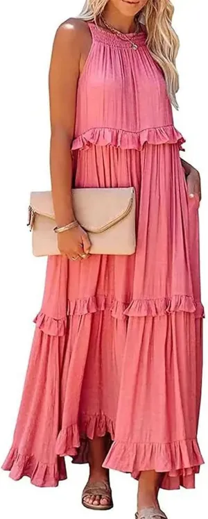 Women's Summer Maxi Dress Casual Boho Sleeveless Spaghetti Strap Smocked Tiered Long Beach Sexly Loose Sun Dresses
