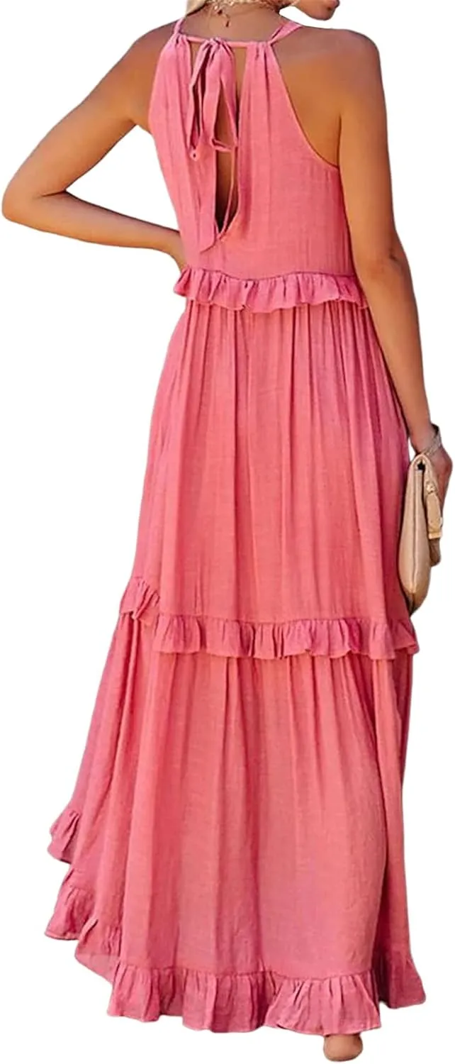 Women's Summer Maxi Dress Casual Boho Sleeveless Spaghetti Strap Smocked Tiered Long Beach Sexly Loose Sun Dresses